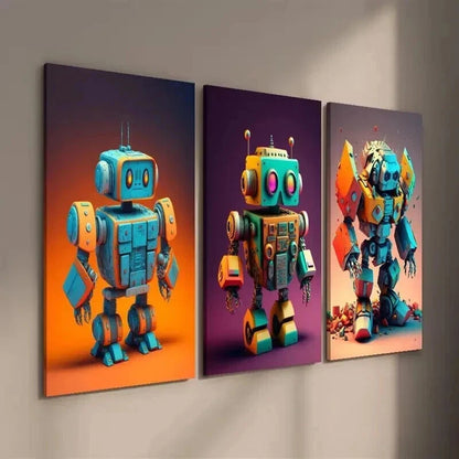3pcs Blue & Orange Toy Robots Decor Wall Art Set Canvas Framed 50x70cm - High Quality Print 100% Australian Made Wall Canvas Ready to Hang