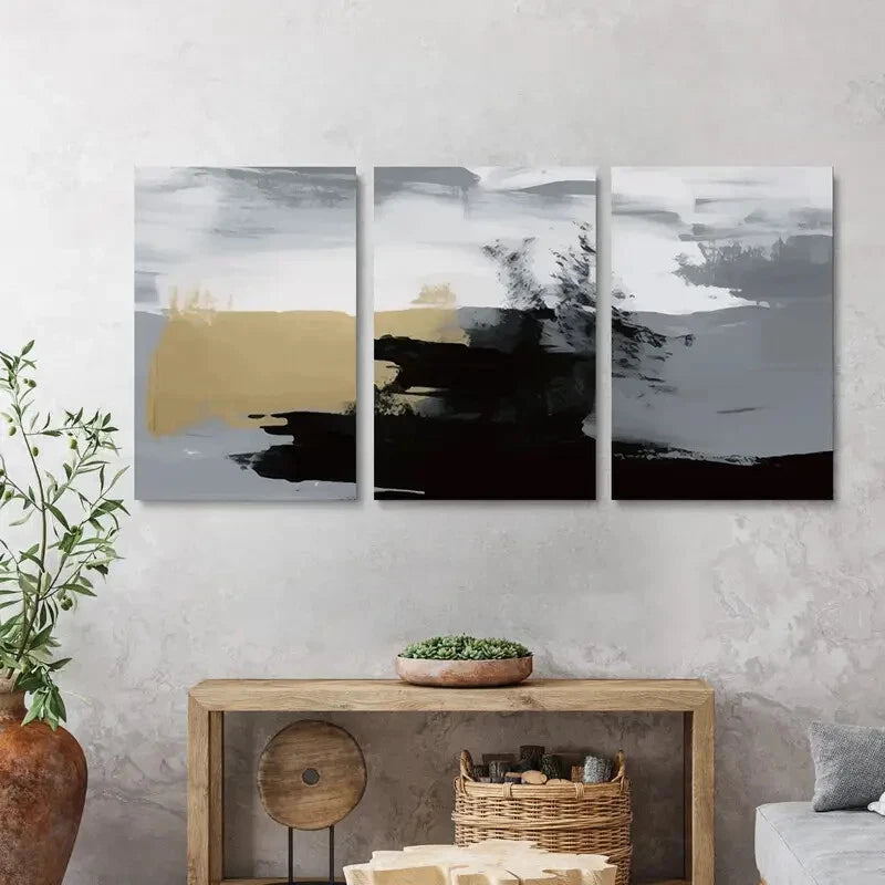 3pcs Abstract Texture Black Gray White Metal Print Ready to Hang Art - Bella Home Decor
