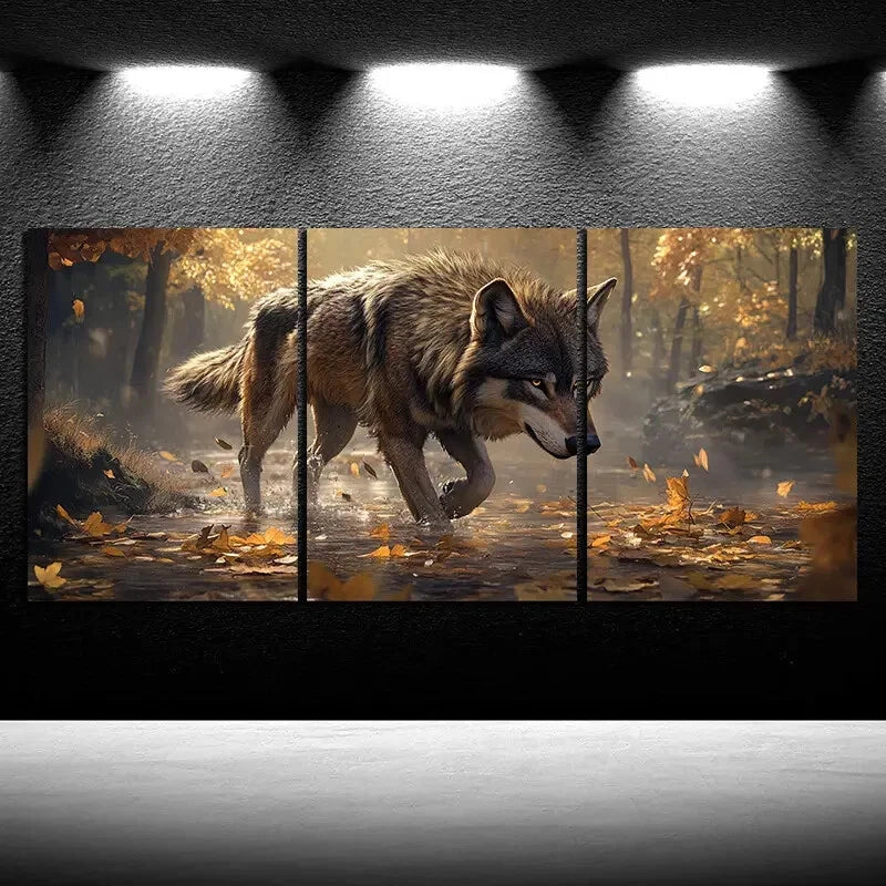 3pcs Majestic Lonely Wolf in Autumn Forest Scene Metal Print Ready to Hang Art - Bella Home Decor