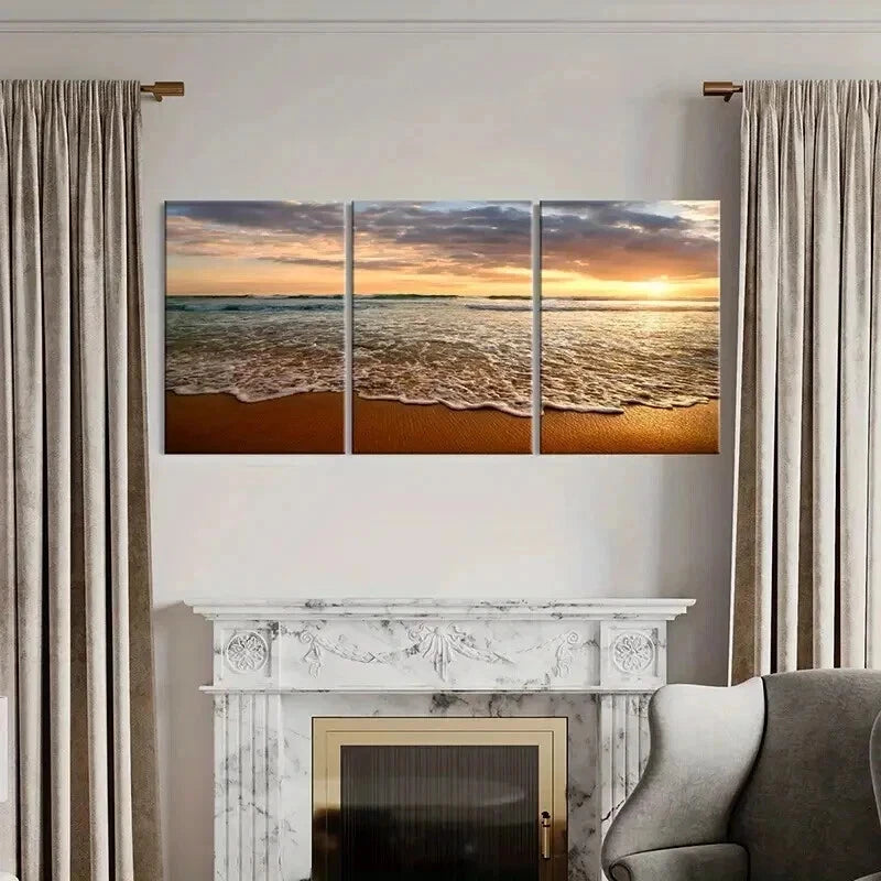 3pcs Natural Landscape Art with Sunset and Waves Wall Art Set Canvas Framed 60x90cm - High Quality Print 100% Australian Made Wall Canvas Ready to Hang - Bella Home Decor