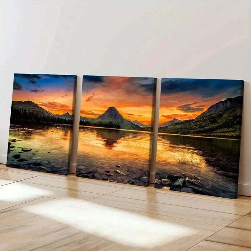 3pcs Lake Glacier National Park Sunset Wall Art Set Canvas Framed 60x90cm - High Quality Print 100% Australian Made Wall Canvas Ready to Hang