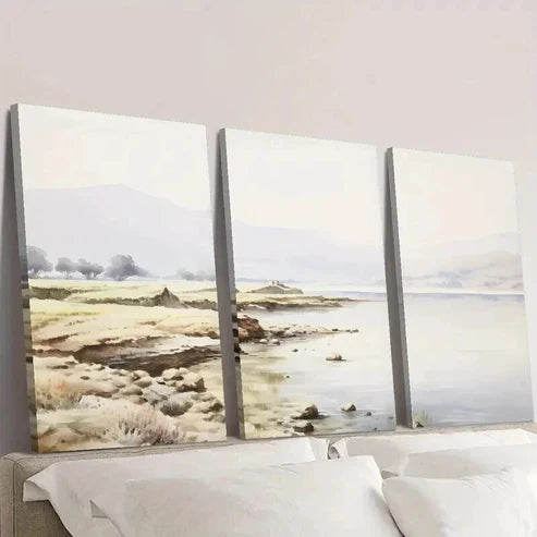 3pcs Coastal Sandy Shore and Wildflowers Wall Art Set Canvas Unframed - High Quality Print 100% Australian Made Wall Canvas