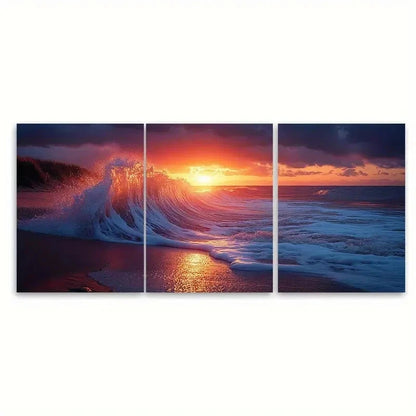 3pcs Sunset Over Crashing Waves Wall Art Set Canvas Framed 60x90cm - High Quality Print 100% Australian Made Wall Canvas Ready to Hang - Bella Home Decor