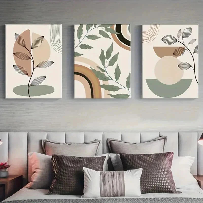 3pcs Abstract Sage Green Boho Metal Print Ready to Hang Art - Bella Home Decor
