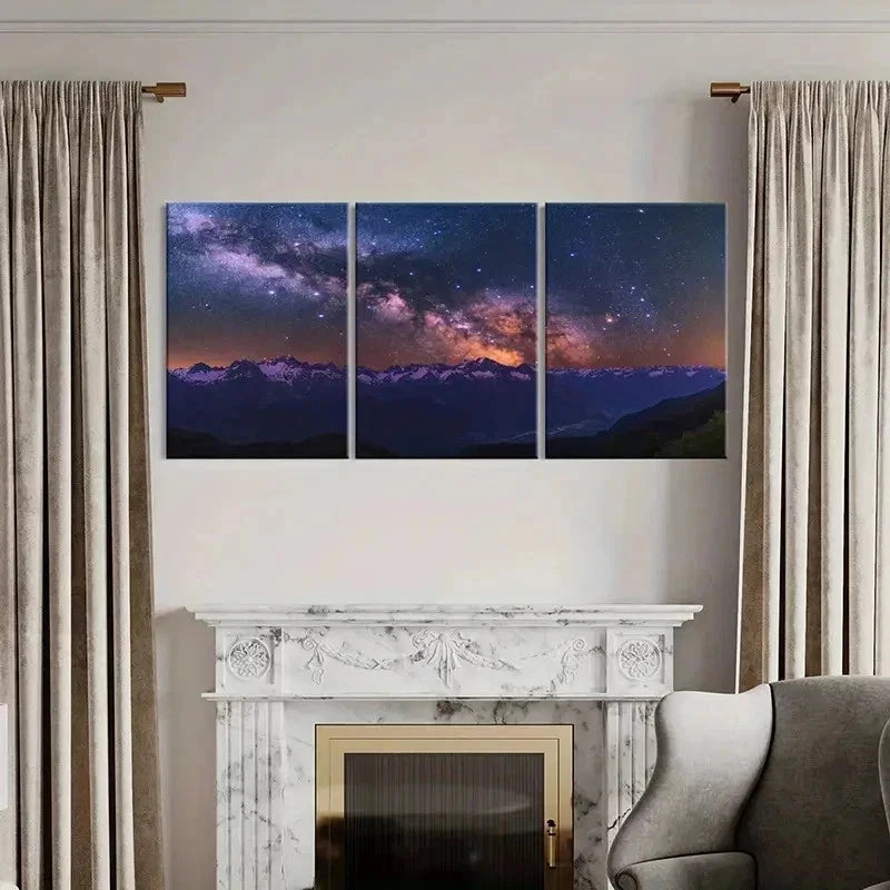 3pcs Mountains Under Stars Night View Wall Art Set Canvas Framed 50x70cm - High Quality Print 100% Australian Made Wall Canvas Ready to Hang