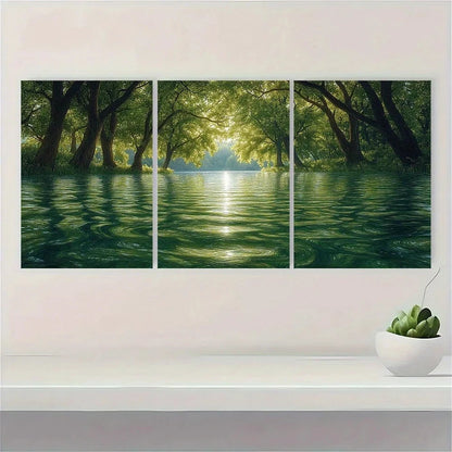 3pcs Serene Green Water Scene with Lush Trees Metal Print Ready to Hang Art - Bella Home Decor