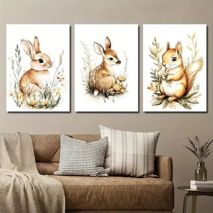 3pcs Rabbit in Flowers Deer And Squirrel Wall Art Canvas Unframed - High Quality Print 100% Australian Made Wall Canvas