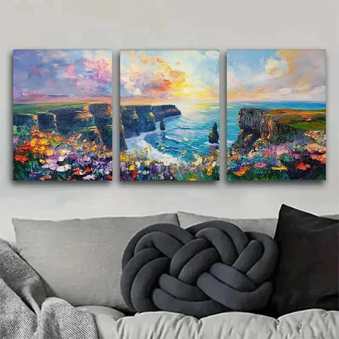 3pcs Cliffs by Sea with Colorful Flower Wall Art Set Canvas Unframed - High Quality Print 100% Australian Made Wall Canvas - Bella Home Decor