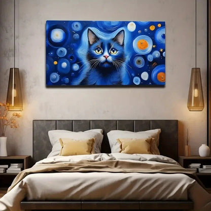 Mystical Blue Cat With Vibrant Wall Art Canvas Office Home Room Framed 120x60cm