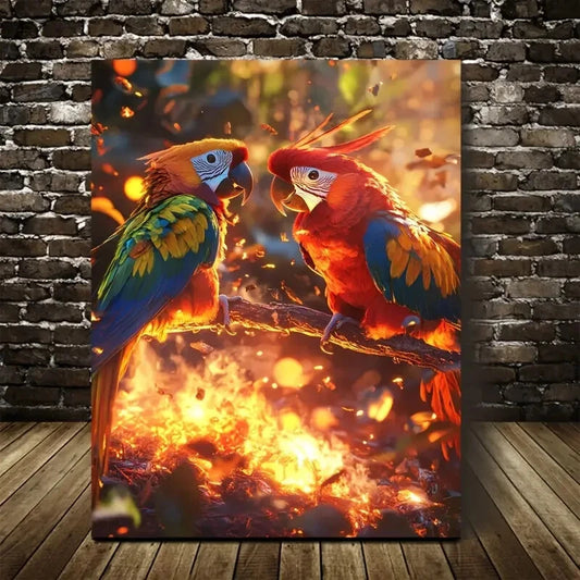 Vibrant Parrot Playtime Scene with Glowing Painting 40x60cm Metal Print Ready to Hang