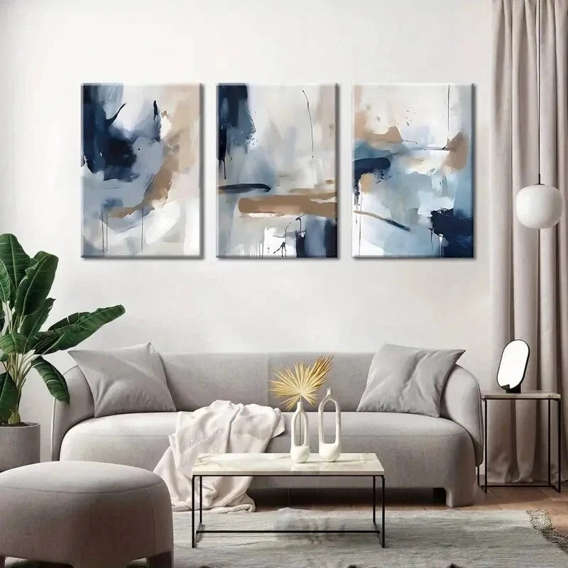 3pcs Navy Blue & Brown Abstract Modern Perfect Wall Art Set Canvas Framed 50x70cm - High Quality Print 100% Australian Made Wall Canvas Ready to Hang - Bella Home Decor