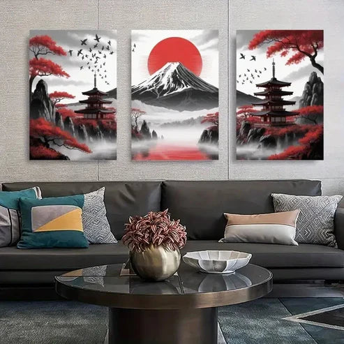 3pcs Red Sun, Mount Fuji, Japanese Pagoda Wall Art Canvas Unframed - High Quality Print 100% Australian Made Wall Canvas