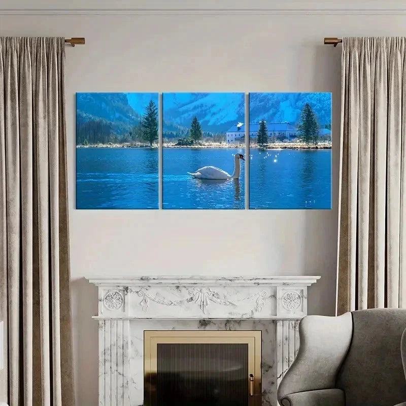 3pcs Blue Colored Lake and White Swan Wall Art Set Canvas Framed 40x60cm - High Quality Print 100% Australian Made Wall Canvas Ready to Hang - Bella Home Decor
