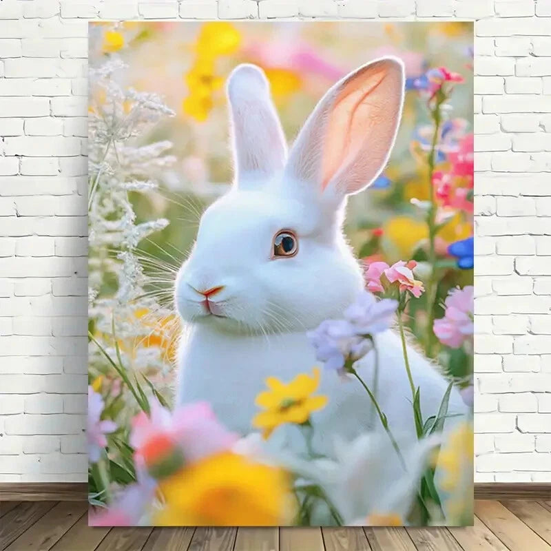 Beautiful Bunny In Flowers Modern Painting 40x60cm Metal Print Ready to Hang - Bella Home Decor