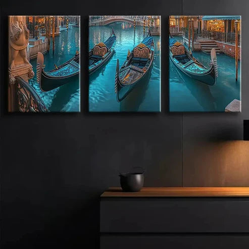 3pcs Venetian Canal Gondolas Dark Blue Perfect Vibes Wall Art Canvas Unframed - High Quality Print 100% Australian Made Wall Canvas