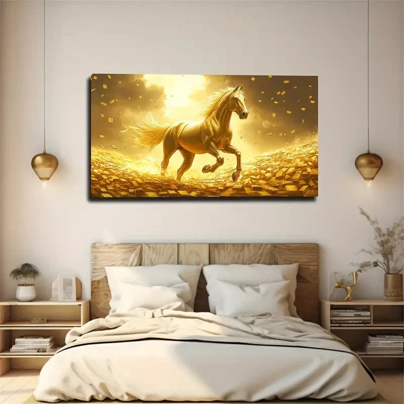 Golden Horse Through Golden Wall Art Canvas Office Home Room Framed 120x60cm