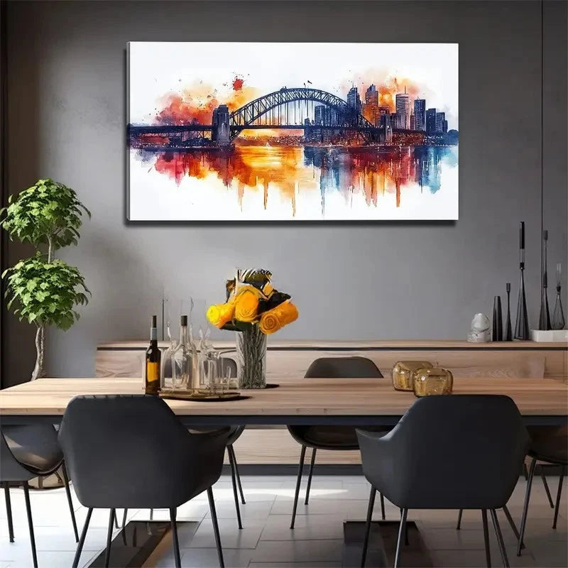 Watercolor Iron Bridge City Wall Art Canvas Office Home Room Framed 120x60cm