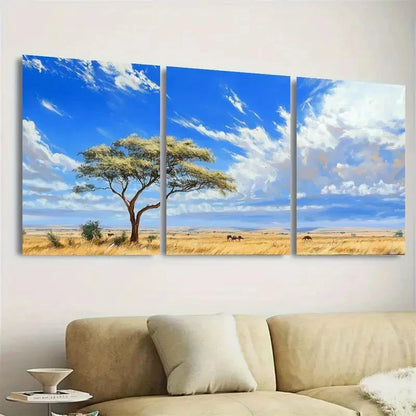 3pcs Blue Sky with Acacia Tree & Wildlife Wall Art Set Canvas Framed 50x70cm - High Quality Print 100% Australian Made Wall Canvas Ready to Hang - Bella Home Decor