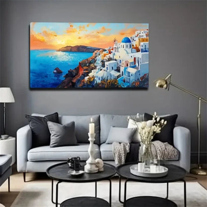 Vibrant Aerial View Santorini Wall Art Canvas Office Home Room Framed 120x60cm