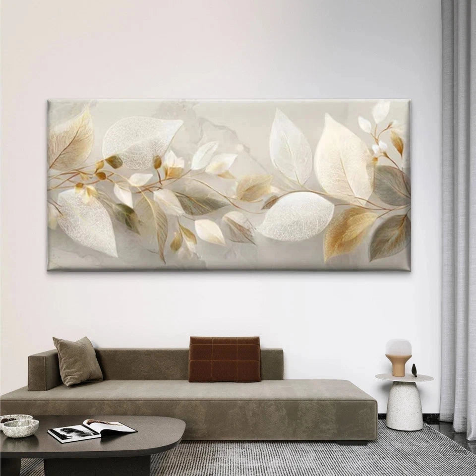 Metallic Leaves Golden Leaf Wall Art Canvas Office Home Room Framed 120x60cm
