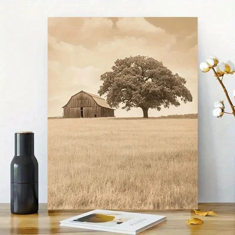 Old Barn And Oak Tree Grainy Sepia Painting 40x60cm Metal Print Ready to Hang