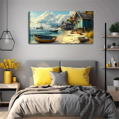 Serene Beach Scene with Wooden Wall Art Canvas Office Home Room Framed 120x60cm - Bella Home Decor