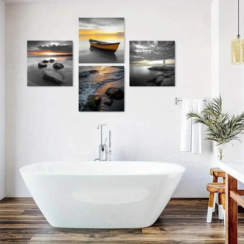 4pcs Lighthouse & Sunset Canvas Prints Wall Art Canvas Framed