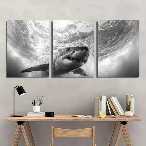 3pcs Black And White Shark Underwater Scene Wall Art Canvas Unframed - High Quality Print 100% Australian Made Wall Canvas - Bella Home Decor