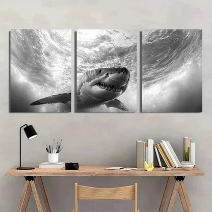 3pcs Black And White Shark Underwater Scene Wall Art Canvas Unframed - High Quality Print 100% Australian Made Wall Canvas - Bella Home Decor
