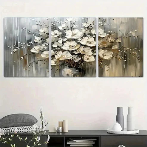 3pcs White and Silvery Floral Decoration Art Set Canvas Unframed - High Quality Print 100% Australian Made Wall Canvas