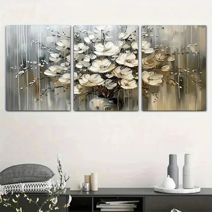 3pcs White and Silvery Floral Decoration Art Set Canvas Unframed - High Quality Print 100% Australian Made Wall Canvas