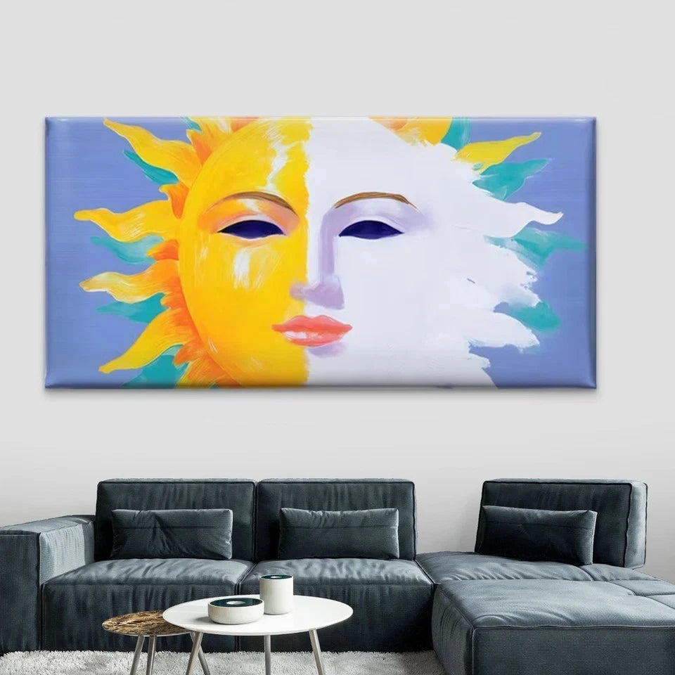 Sun/Moon Face Painting Wall Art Canvas Office Home Room Framed 120x60cm