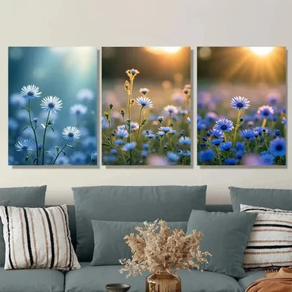 3pcs Blue And White Floral Daisies Snapdragons Wall Art Set Canvas Unframed - High Quality Print 100% Australian Made Wall Canvas - Bella Home Decor
