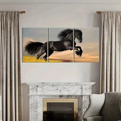 3pcs Black Horse Galloping Across a Grassy Field Wall Art Canvas Unframed - High Quality Print 100% Australian Made Wall Canvas - Bella Home Decor