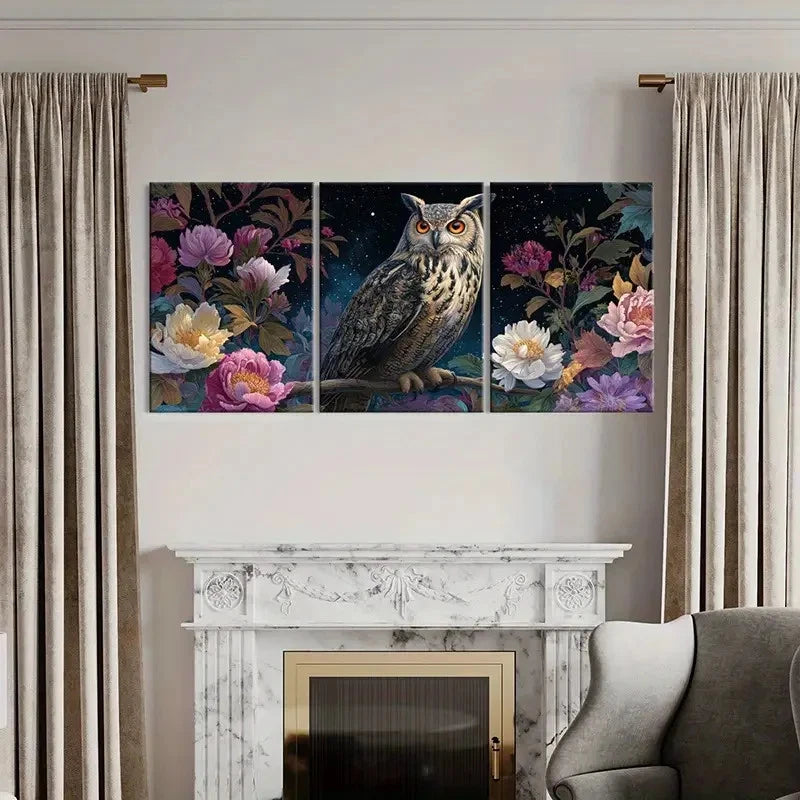 3pcs Owl Floral Design Night Sky Decor   Wall Art Set Canvas Framed 40x60cm - High Quality Print 100% Australian Made Wall Canvas Ready to Hang