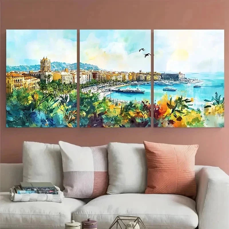 3pcs Malaga Cityscape Spain Landscape Perfect Wall Art Set Canvas Framed 60x90cm - High Quality Print 100% Australian Made Wall Canvas Ready to Hang