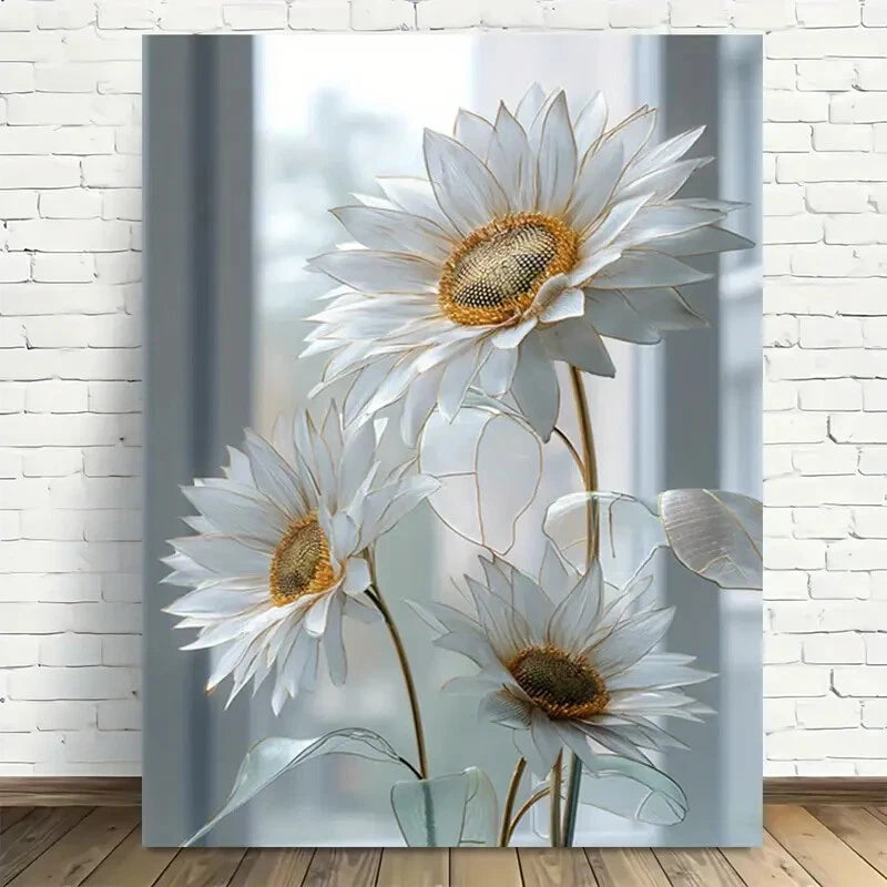 Beautiful Modern Sunflower White & Golden Painting 40x60cm Metal Print Ready to Hang - Bella Home Decor