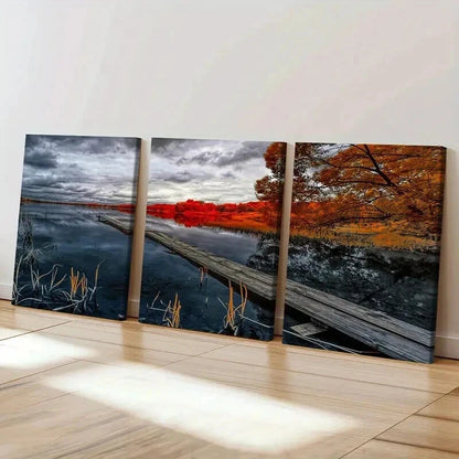3pcs Natural Autumn Modern Pier Bridge Wall Art Set Canvas Framed 40x60cm - High Quality Print 100% Australian Made Wall Canvas Ready to Hang - Bella Home Decor