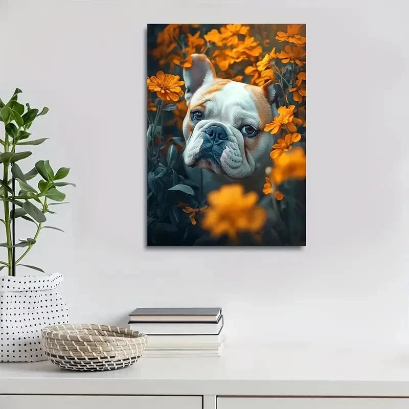 Cute Bulldog Amidst Vibrant Orange Flowers Painting 40x60cm Metal Print Ready to Hang - Bella Home Decor