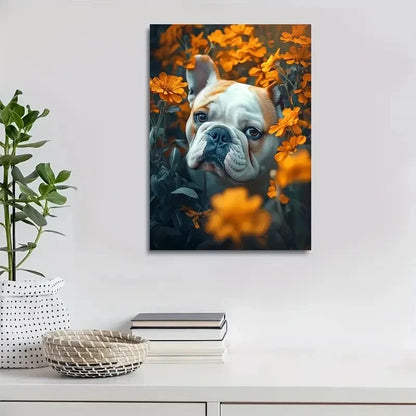 Cute Bulldog Amidst Vibrant Orange Flowers Painting 40x60cm Metal Print Ready to Hang - Bella Home Decor