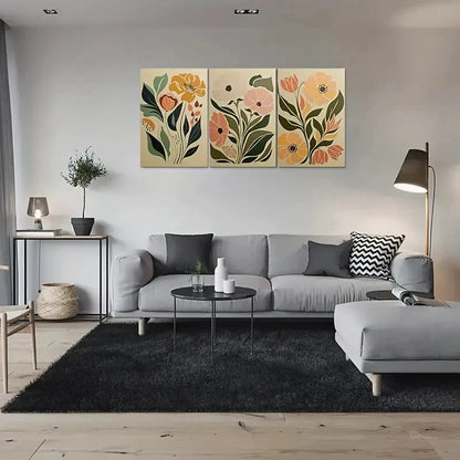 3pcs Neutral Colors Green Leaves & Pink Flowers Wall Art Set Canvas Framed 40x60cm - High Quality Print 100% Australian Made Wall Canvas Ready to Hang