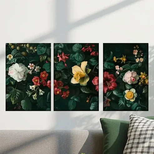 3pcs Flowers on a Black Background Wall Art Canvas Unframed - High Quality Print 100% Australian Made Wall Canvas - Bella Home Decor