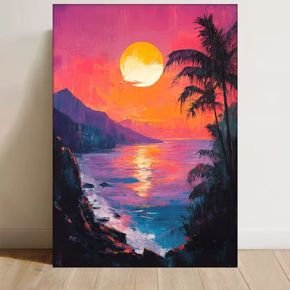 Pink & Blue Ocean Waves, Tropical Palm Trees Metal Print Ready to Hang