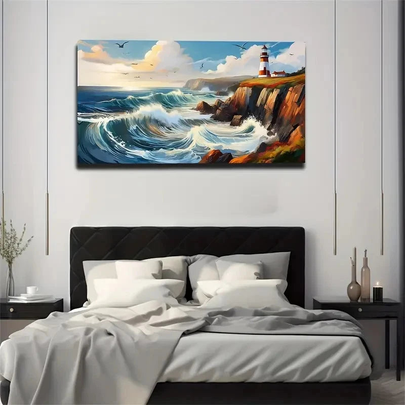 Coastal Lighthouse & Rough Sea Wall Art Canvas Office Home Room Framed 120x60cm