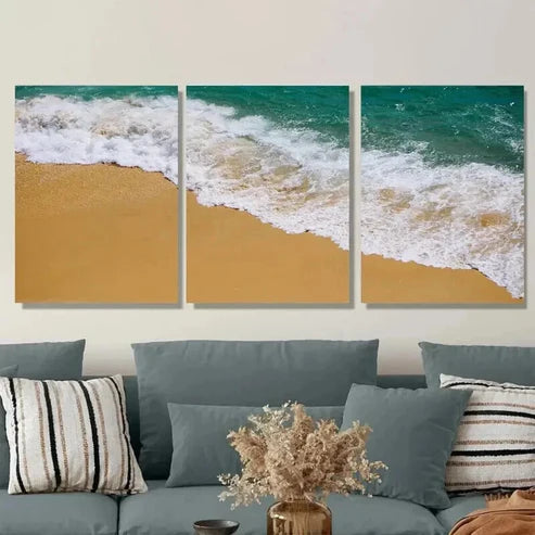 3pcs Beach Wave Ocean Waves On Sandy Shoreline Wall Art Set Canvas Unframed - High Quality Print 100% Australian Made Wall Canvas - Bella Home Decor