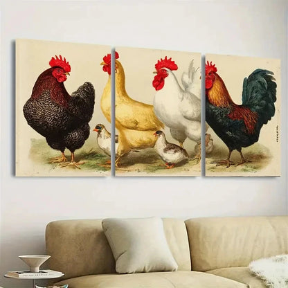 3pcs Vintage Poultry Print, Chicken poster Wall Art Set Canvas Framed 60x90cm - High Quality Print 100% Australian Made Wall Canvas Ready to Hang - Bella Home Decor
