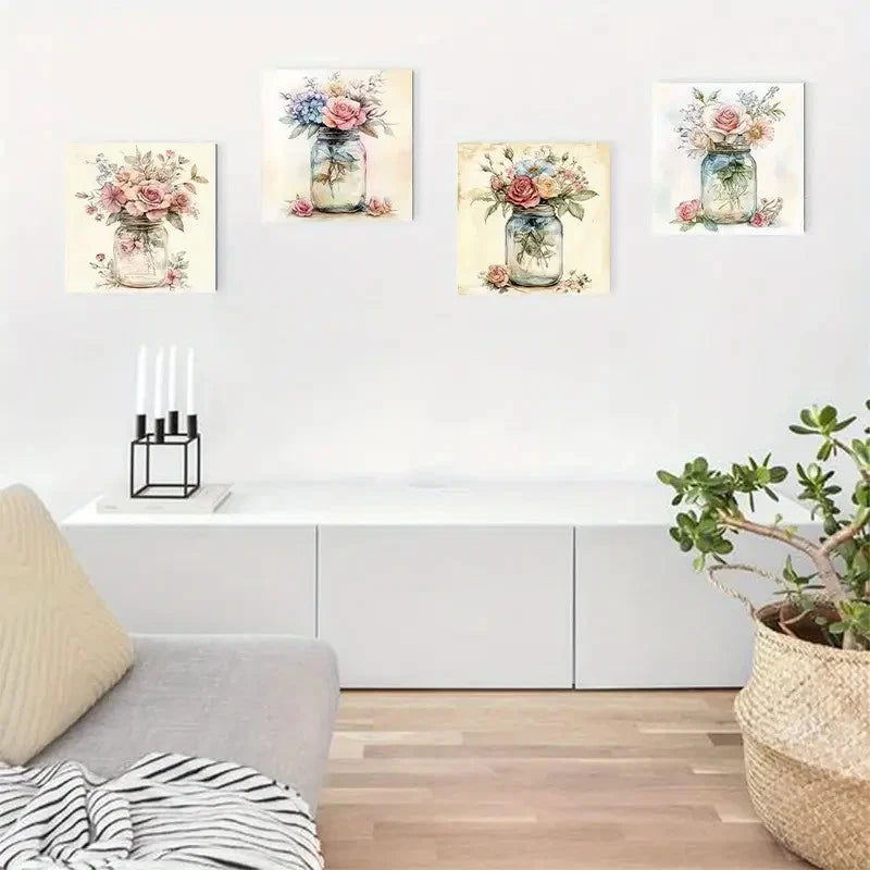 4pcsRustic Floral Bouquet In Vase Wall Art Canvas Framed