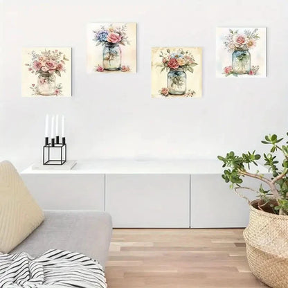 4pcsRustic Floral Bouquet In Vase Wall Art Canvas Framed