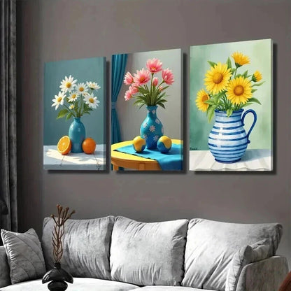 3pcs Beautiful Floral Vibrant Flowers & Fruits Wall Art Set Canvas Framed 50x70cm - High Quality Print 100% Australian Made Wall Canvas Ready to Hang
