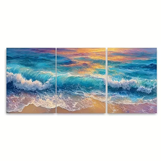 3pcs Golden Sea Sunset Wall Art Canvas Framed 40x60cm - High Quality Print 100% Australian Made Wall Canvas Ready to Hang